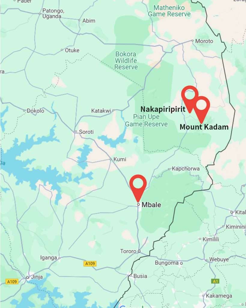 The Map of Uganda showing the places visited during the 4 day hike on mount Kadam with Elgon Safaris